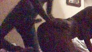 Young daddy with BBC gives some deep strokes to an ebony horny milf who likes to suck dick