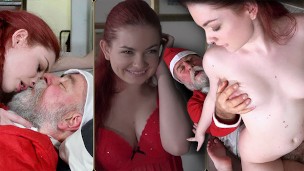 Sexy redhead riding Santa clau's cock and makes him cum hardcore