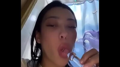 Latina teen deepthroats and drools on dildo